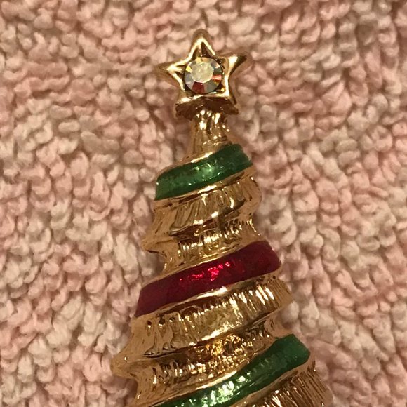 CHRISTMAS VTG Christmas Tree Gold Tone w/Red+Green - Picture 2 of 3
